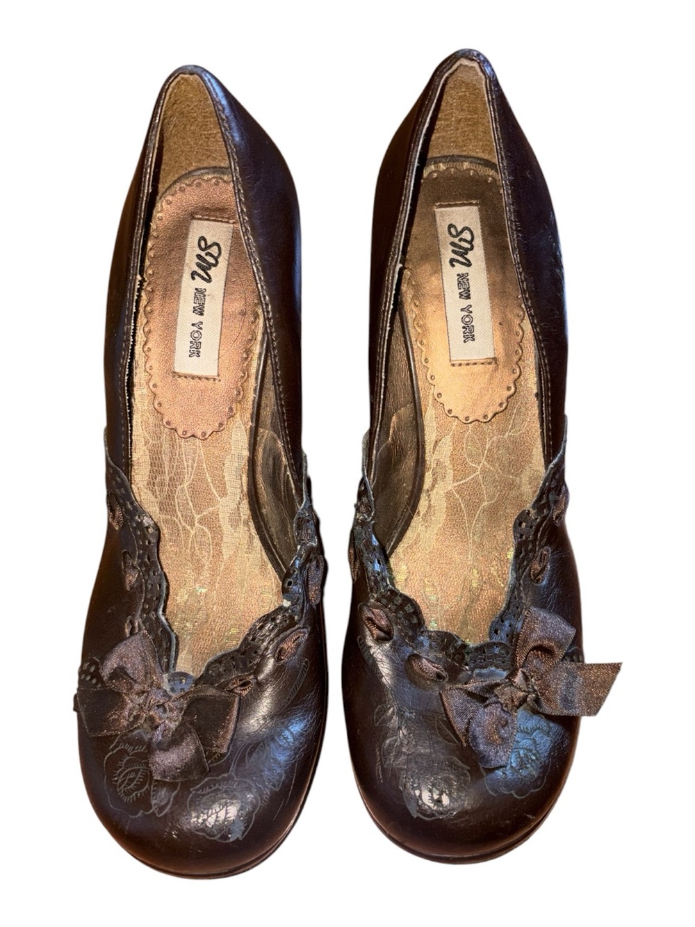 SM New York Dark Brown Leather Floral Bow Ballet Flats